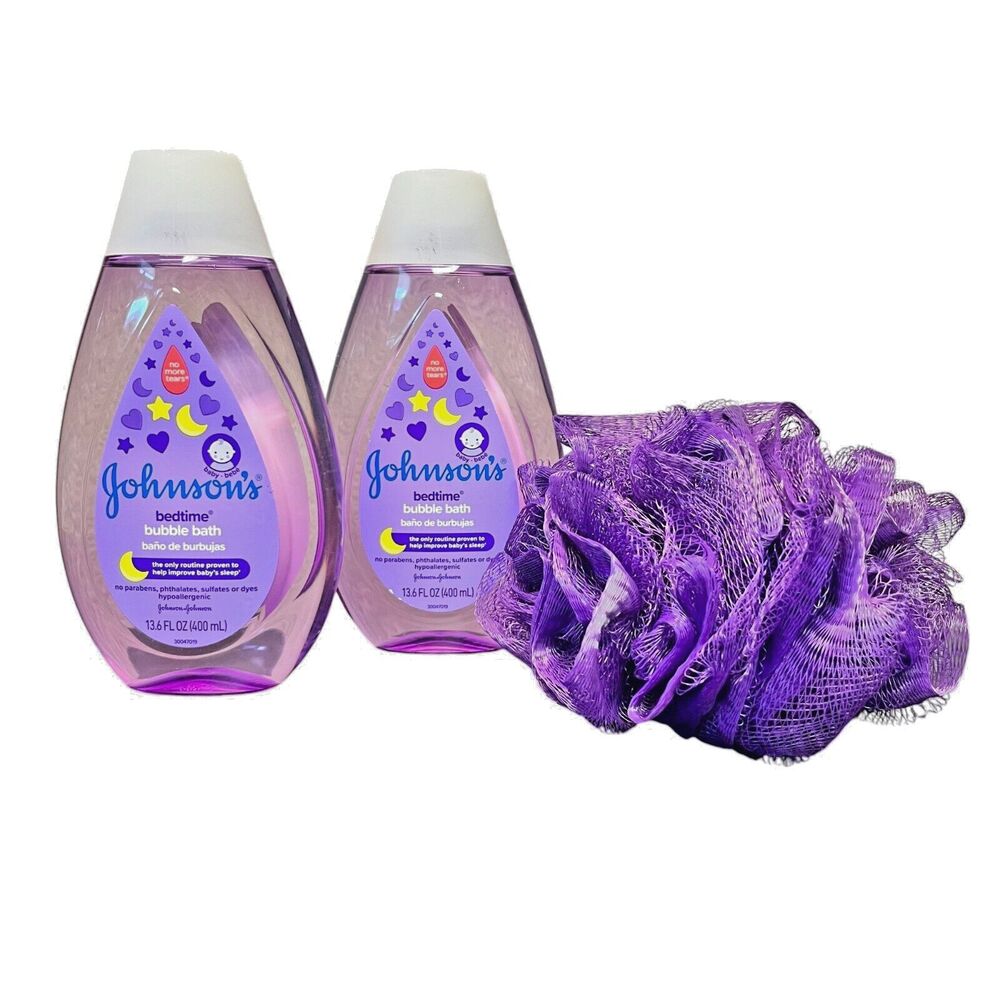 Johnson's Baby Hypoallergenic Bedtime Baby Bubble Bath Bundle with purple Loofah